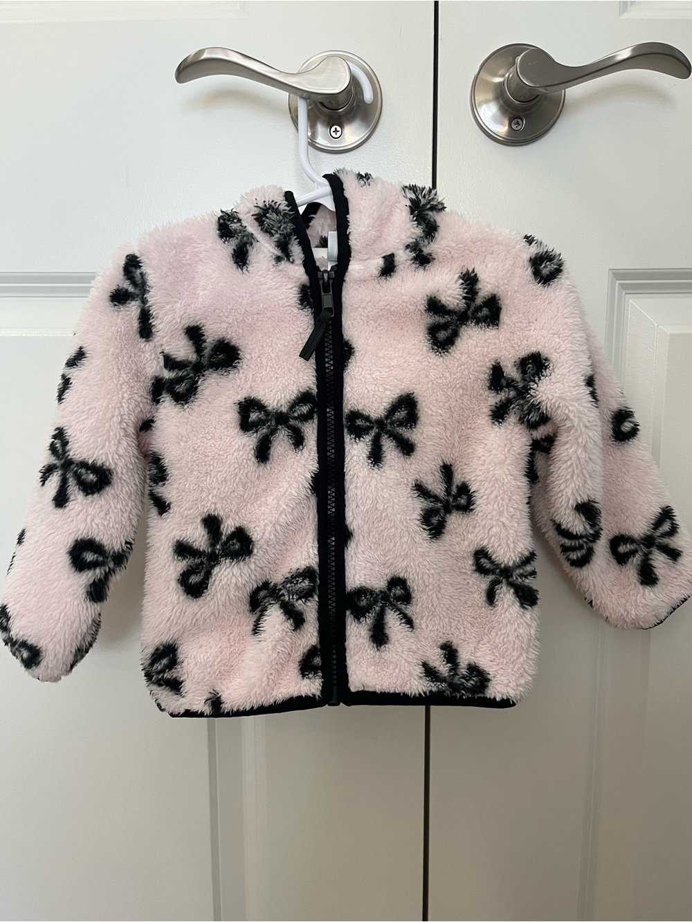 Little Me Pale Pink Fuzzy Hoodie with Black Bow Accents, 18 Months 🎀 NWOT